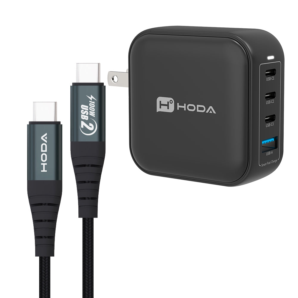 100W GaN氮化鎵智慧方型四孔電源供應器 / 極速智能充電器 (內附100W C to C充電線)| HODA®