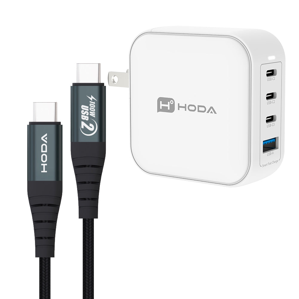 100W GaN氮化鎵智慧方型四孔電源供應器 / 極速智能充電器 (內附100W C to C充電線)| HODA®
