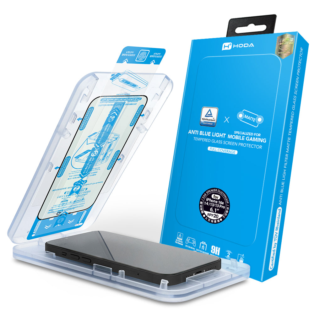 霧面抗藍光玻璃保護貼 iPhone 16e / 14 / 13 / 13 Pro 附無塵太空艙貼膜神器 (德國萊因TÜV RPF20認證) | HODA®