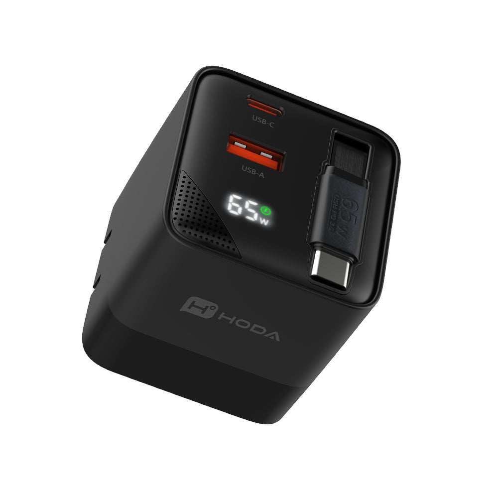 65W GaN 氮化鎵三輸出自帶伸縮線電源供應器 / 極速智能充電器 | HODA®