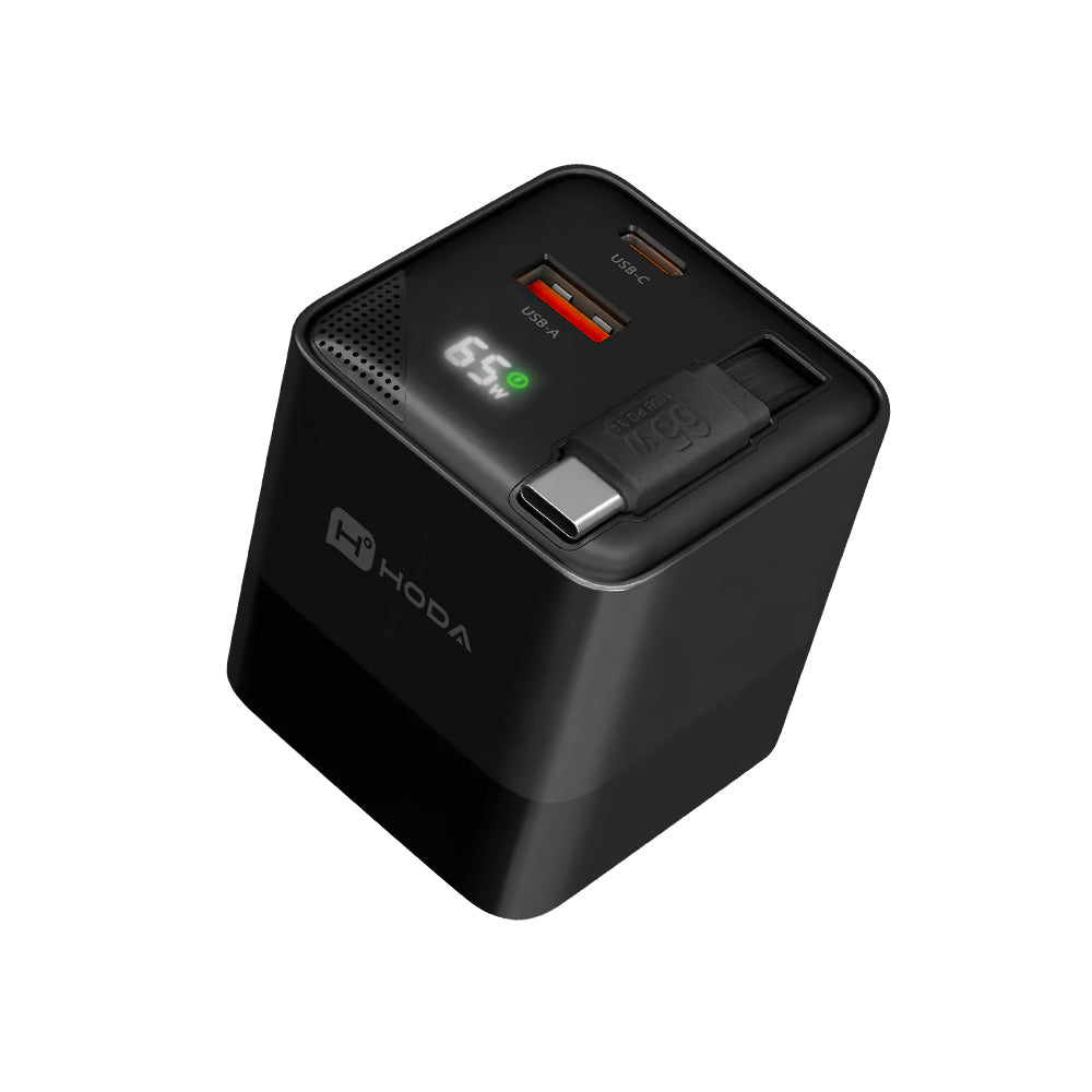 65W GaN 氮化鎵三輸出自帶伸縮線電源供應器 / 極速智能充電器 | HODA®