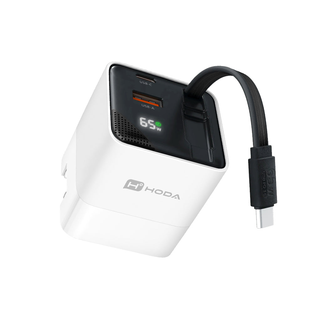 65W GaN 氮化鎵三輸出自帶伸縮線電源供應器 / 極速智能充電器 | HODA®