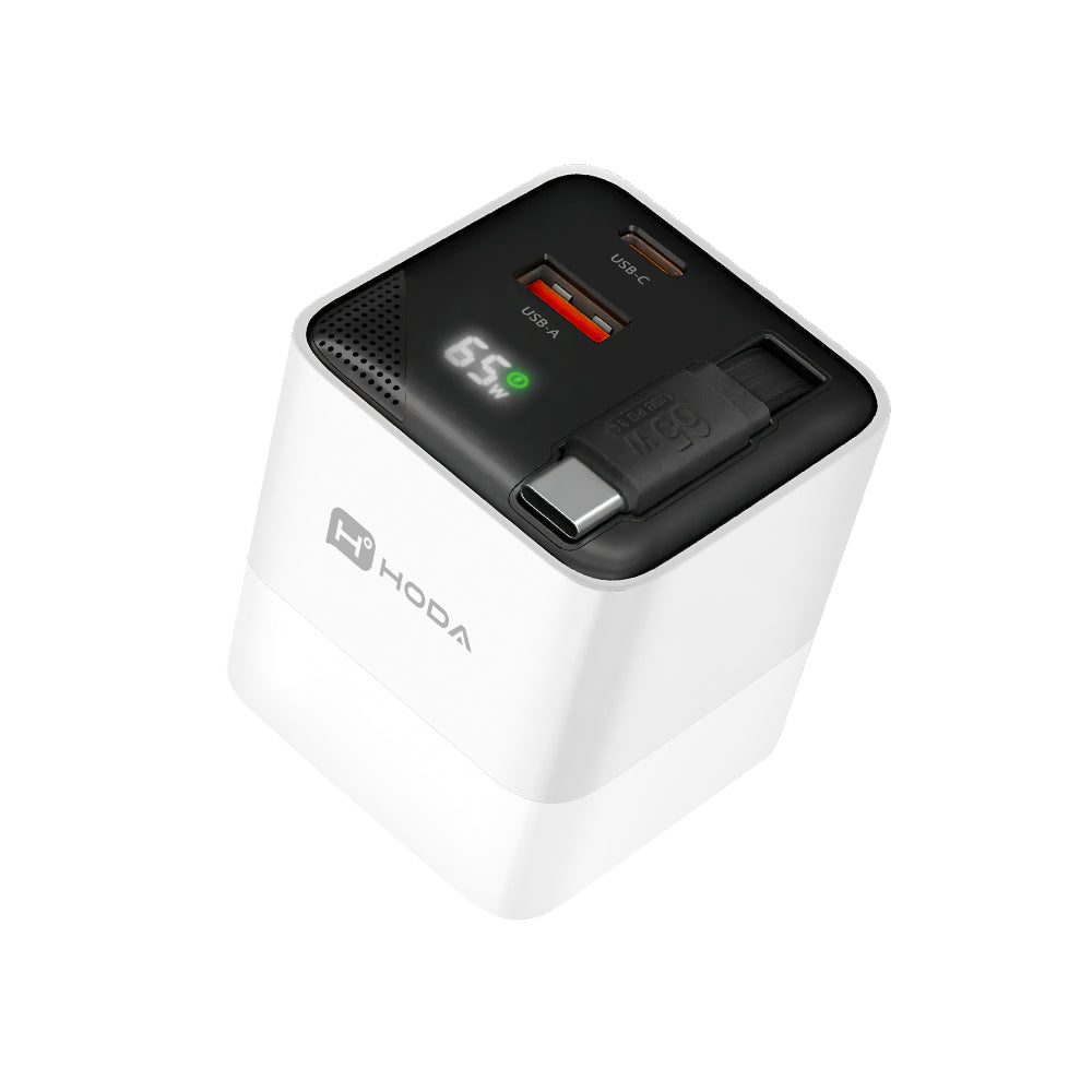 65W GaN 氮化鎵三輸出自帶伸縮線電源供應器 / 極速智能充電器 | HODA®