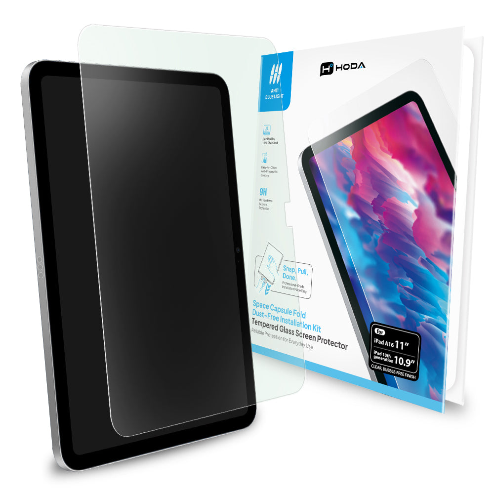 抗藍光玻璃保護貼 iPad A16 (11代) 11吋 / iPad 10代 10.9吋 附太空艙 Fold 貼膜神器 (德國萊因TÜV RPF20認證) | HODA®