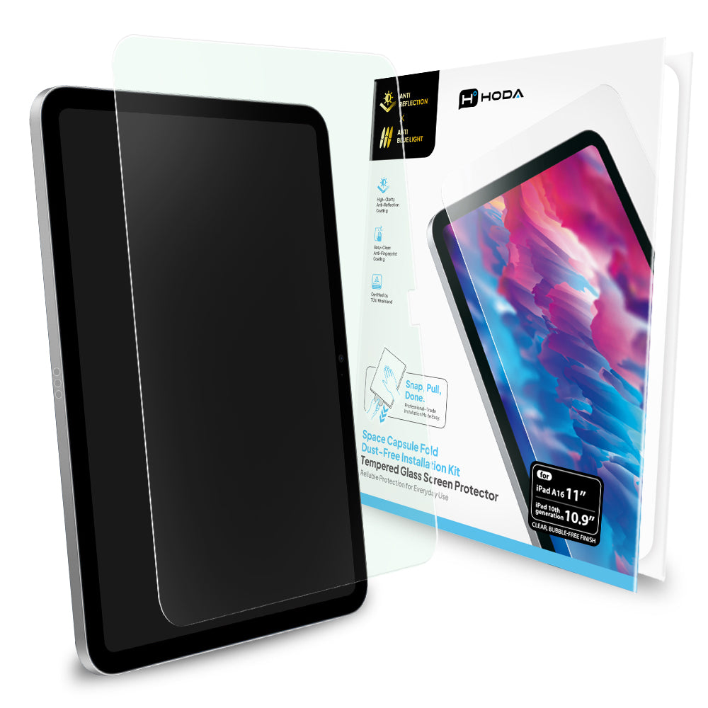AR抗反射抗藍光玻璃保護貼 iPad A16(11代) 11吋 / iPad 10代 10.9吋 附太空艙 Fold 貼膜神器 (德國萊因TÜV RPF20認證) | HODA®