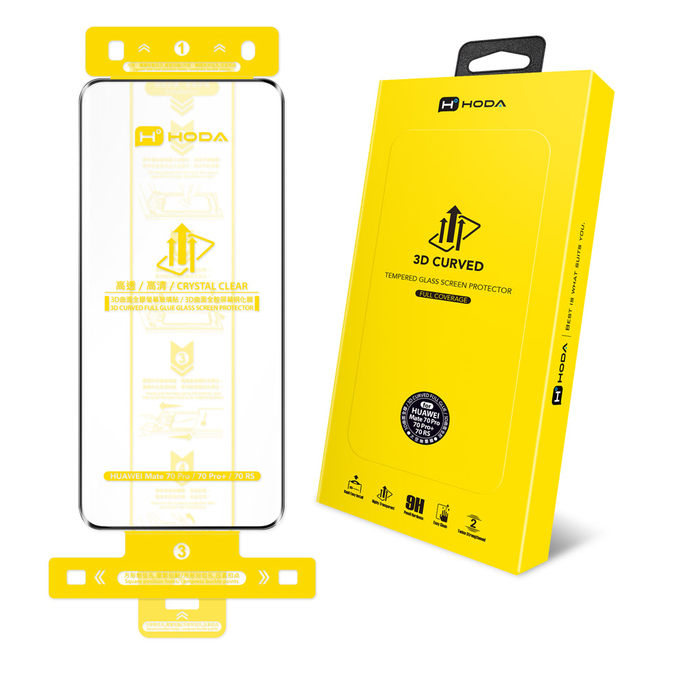 3D熱彎曲面 亮面玻璃保護貼 華為 HUAWEI Mate 70 系列附無塵滾輪太空艙貼膜神器 | HODA®