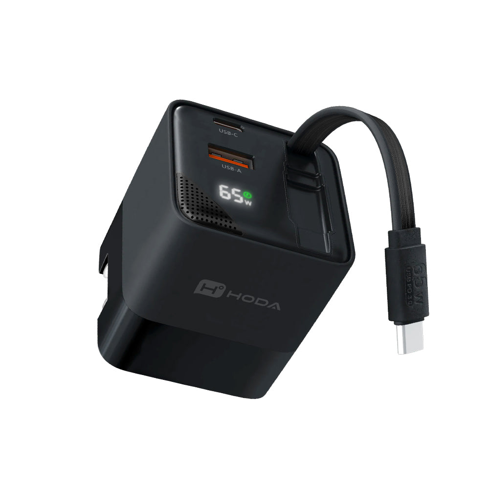 65W GaN 氮化鎵三輸出自帶伸縮線電源供應器 / 極速智能充電器  | HODA®