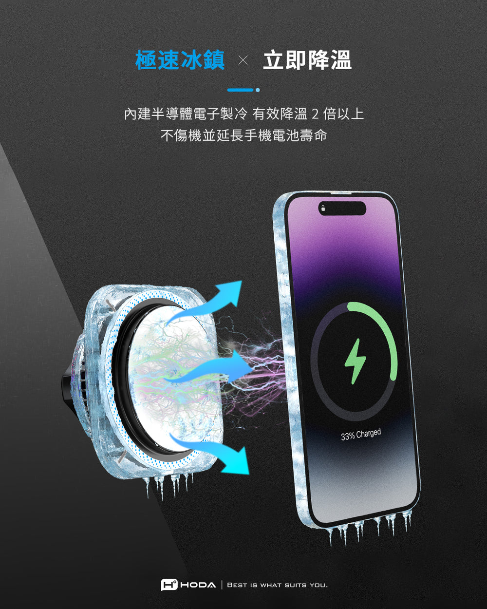 hoda 製冷款車用出風口 iPhone 磁吸充電式手機支架(支持MagSafe / 內附 C to C 充電線), 黑