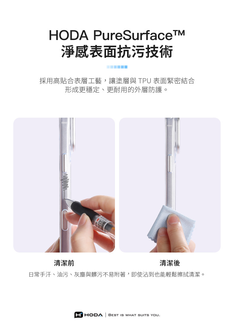 HODA PureSurface淨感表面抗污技術採用高貼合表層工藝,讓塗層與 TPU 表面緊密結合形成更穩定、更耐用的外層防護。清潔前清潔後日常手汗、油污、灰塵與髒污不易附著,即使沾到也能輕鬆擦拭清潔。HHODA BEST IS WHAT SUITS YOU.