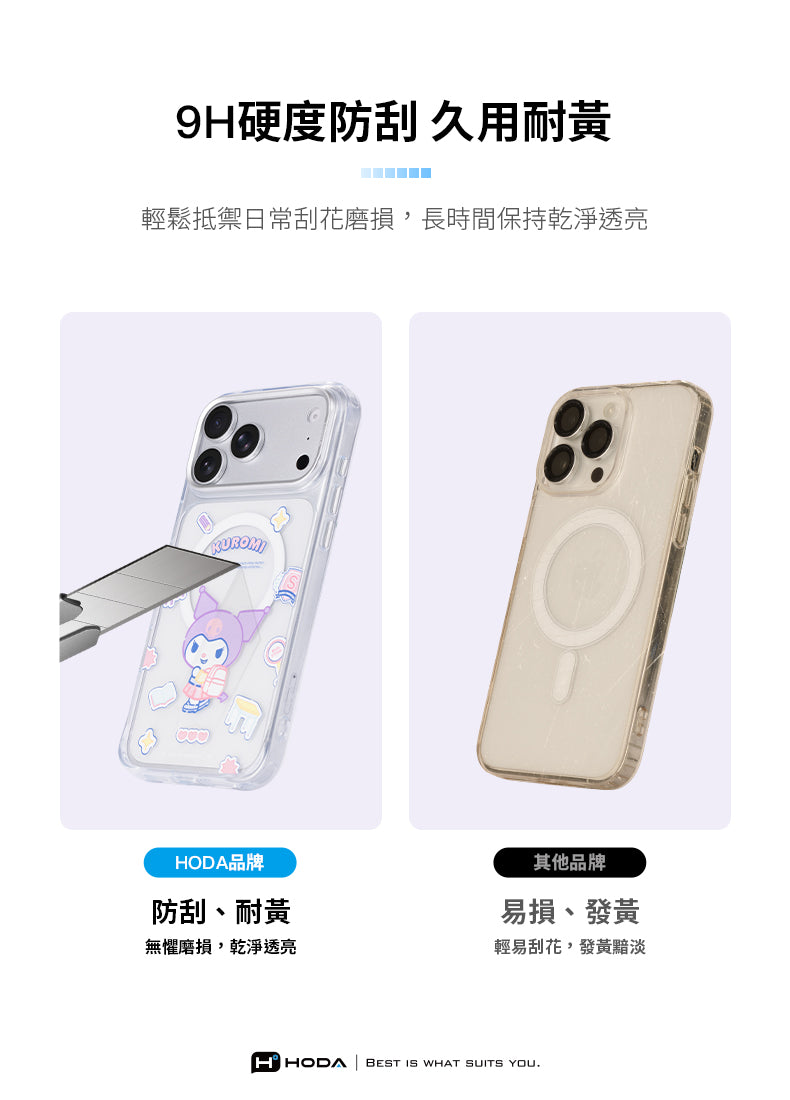 9H硬度防刮久用耐黃輕鬆抵禦日常刮花磨損,長時間保持乾淨透亮HODA品牌防刮、耐黃無懼磨損,乾淨透亮其他品牌易損、發黃輕易刮花,發黃黯淡HHODA BEST IS WHAT SUITS YOU.